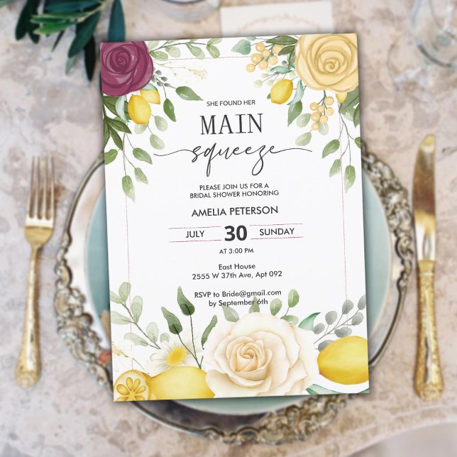 Convite Chá de panela de Limão de Aquarela Amarelo - Compr (Yellow Watercolor Lemon Bridal Shower Main Squeeze Invitation)