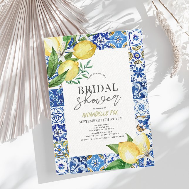 Convite Chá de panela de limão de Azulejo azul mediterrâni (Criador carregado)