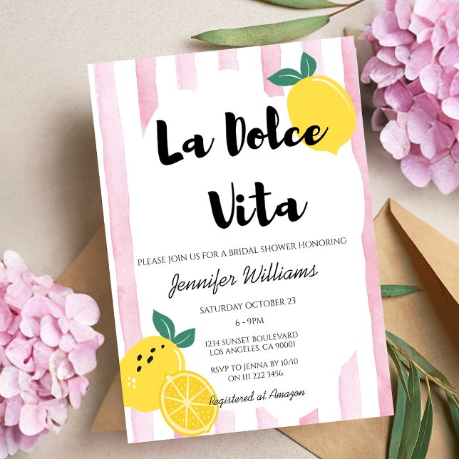 Convite Chá de panela de limão italiano Dolce Vita Doodle  (Italian Lemon Bridal Shower Pink Dolce Vita Doodle Invitation)