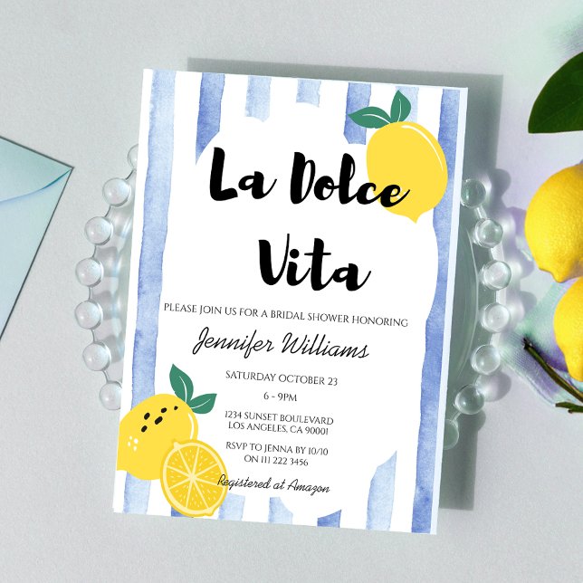 Convite Chá de panela de limão italiano Dolce Vita Doodle  (Italian Lemon Bridal Shower Blue Dolce Vita Doodle Invitation)