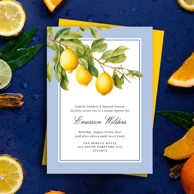 Convite Chá de panela de limão mediterrânico fresco (Elegant blue and white lemon themed bridal shower invitation. Photo by Mohammad Metri on Unsplash)
