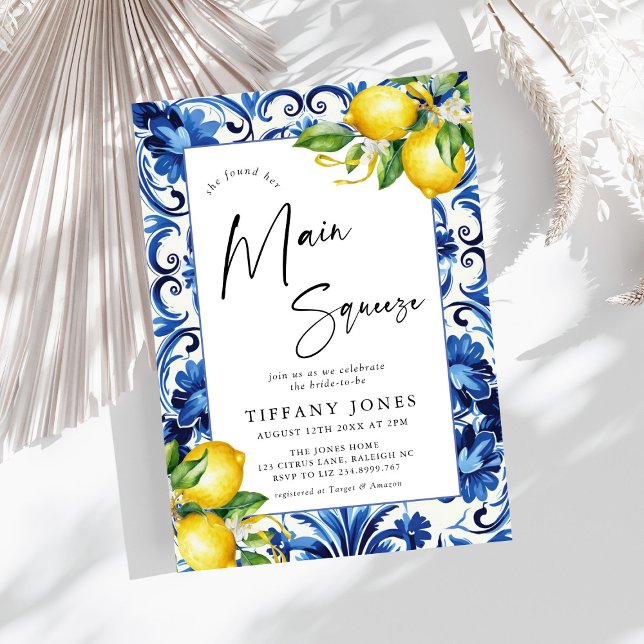 Convite Chá de panela de limões Azulejos azuis do Mediterr (Criador carregado)