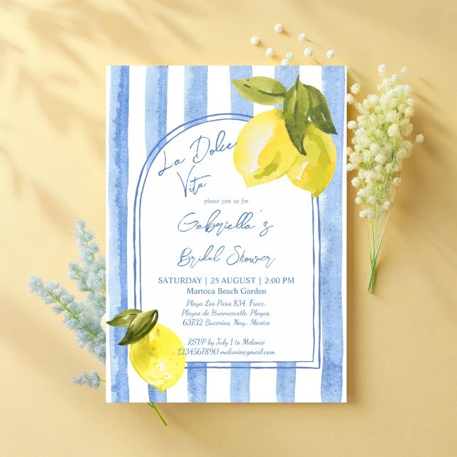 Convite Chá de panela de limões de listras azuis Dolce Vit (La Dolce Vita blue stripes lemons Italian bridal shower Invitation cards template)