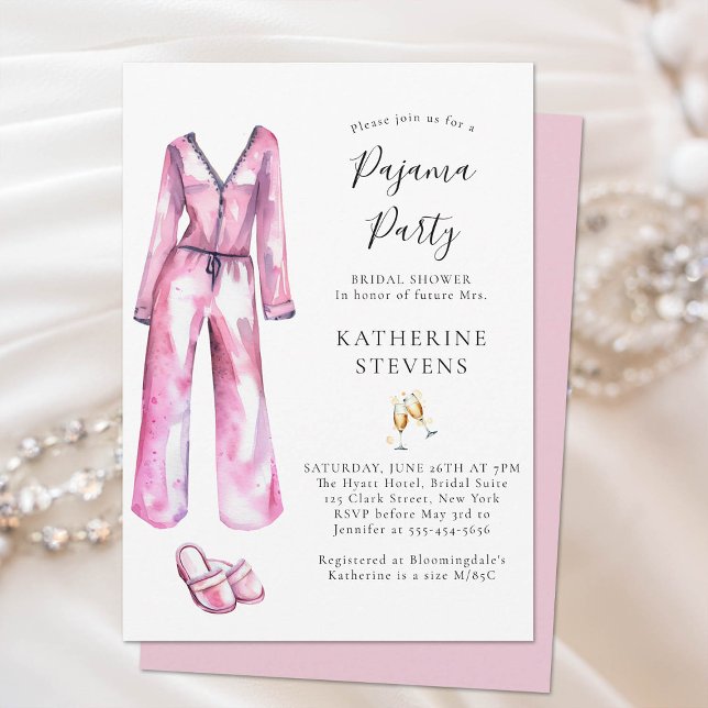 Convite Chá de panela de Lingerie PJ do Partido Pajama (pajama party bridal shower invitation watercolor pj slippers champagne elegant pink lingerie classy)