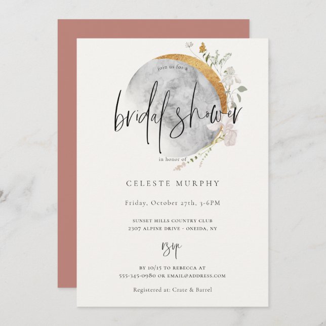 Convite Chá de panela de Lua de Flor Selvagem (Frente/Verso)