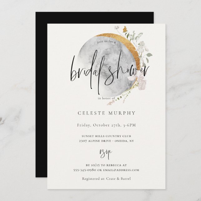 Convite Chá de panela de Lua de Flor Selvagem (Frente/Verso)