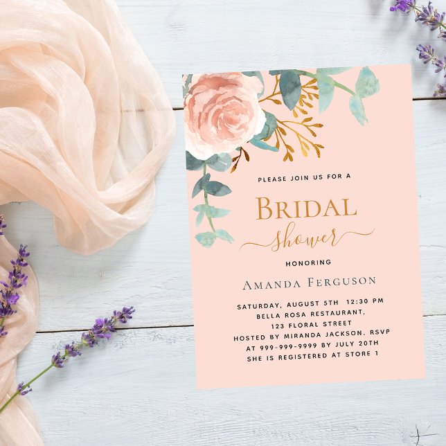 Convite Chá de panela de luxo de pêssego rosa dourado (Criador carregado)