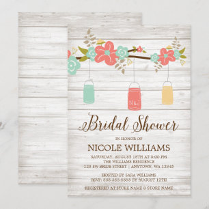 Convite Chá de panela de madeira coral rústico do ramo d