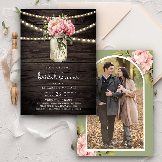 Convite Chá de panela de madeira de Mason Jar Floral Rosa (Criador carregado)