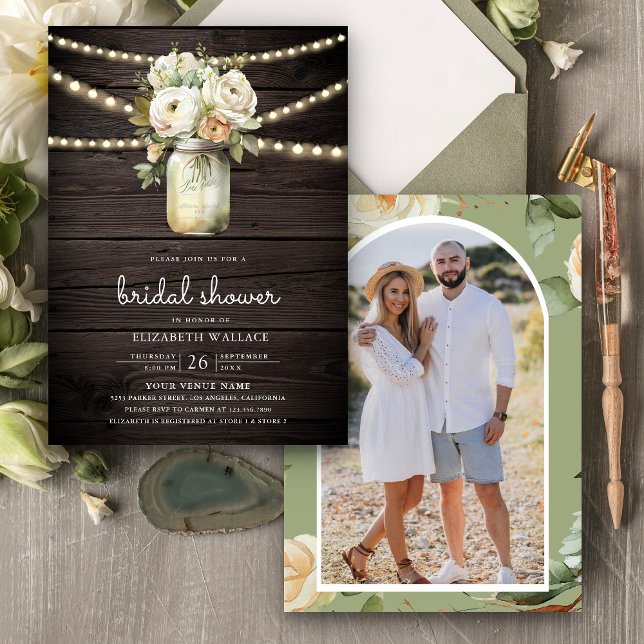 Convite Chá de panela de Madeira Fotográfica Mason Jar Ros (Criador carregado)