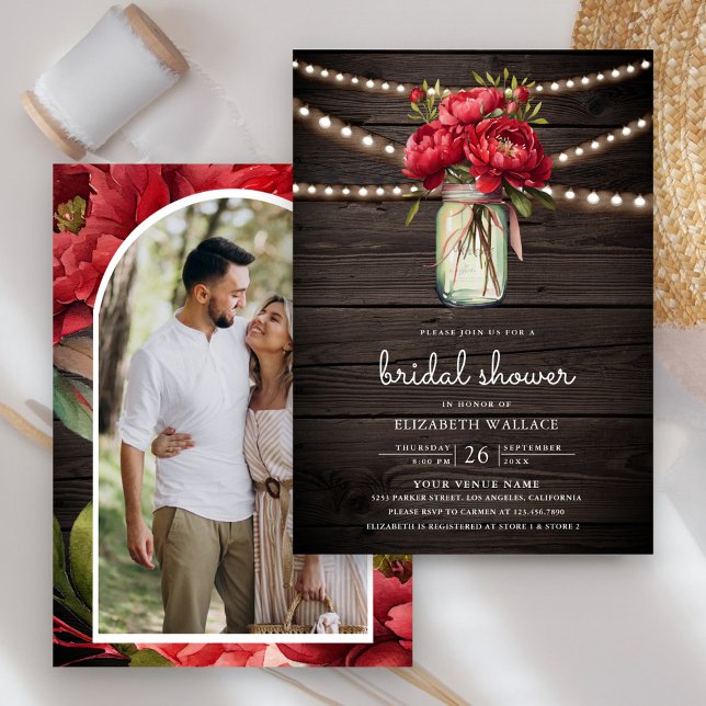 Convite Chá de panela de madeira Red Peony Floral Mason Ja (Criador carregado)