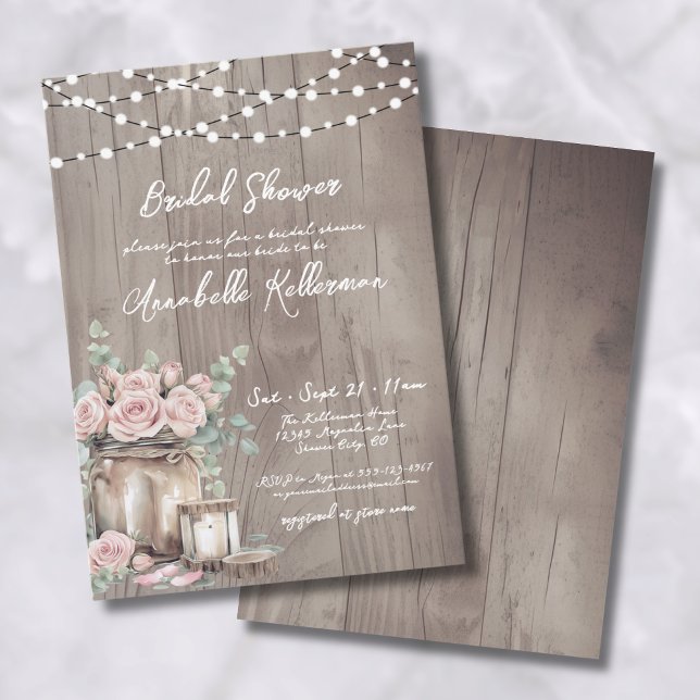 Convite Chá de panela de madeira russa, rosas cor-de-rosa- (Country Blush Pink Roses Rustic Wood Bridal Shower Invitation)