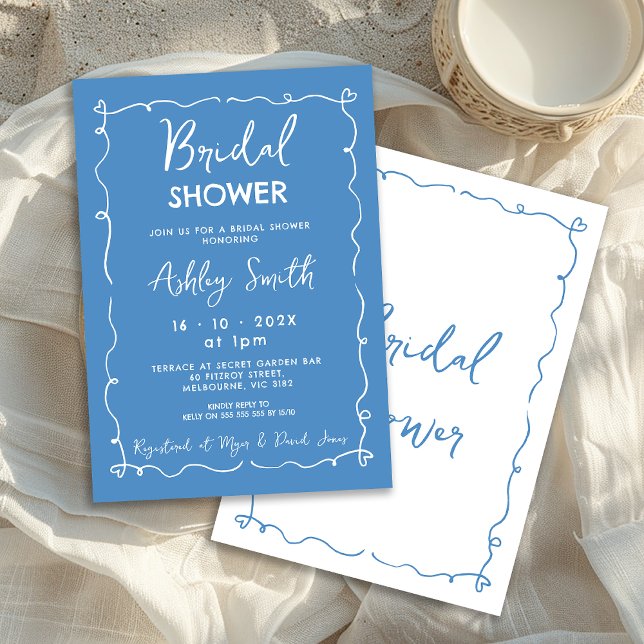 Convite Chá de panela De Mão Azul Whimsical (Whimsical Blue Hand Drawn Bridal Shower Invitation, Doodle, White on Blue, Whimsical Bridal Shower)
