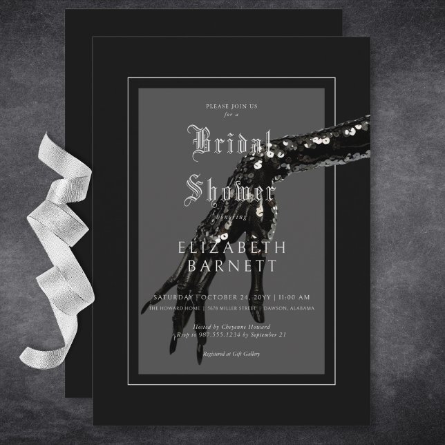 Convite Chá de panela de Mão Preto Gótico Escuro (Dark Gothic Black Sequin Hand Bridal Shower Invitation)