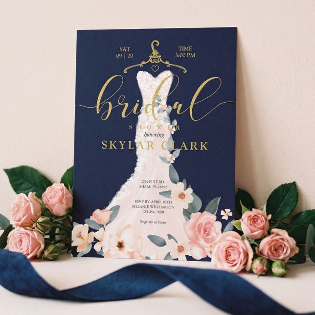 Convite Chá de panela de Marinho de Vestido de Casamento F (Floral Wedding Dress Navy Bridal Shower Invitation)