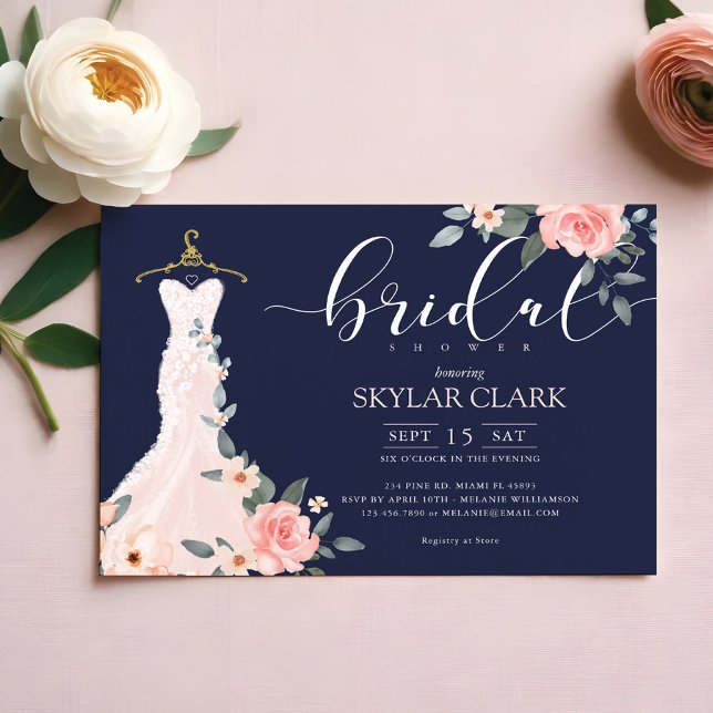 Convite Chá de panela de Marinho de Vestido Floral (Floral Wedding Dress Navy Bridal Shower Invitation)