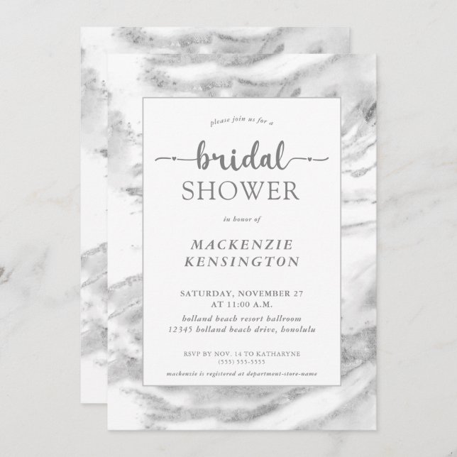 Convite Chá de panela de Mármore de folha de prata elegant (Frente/Verso)