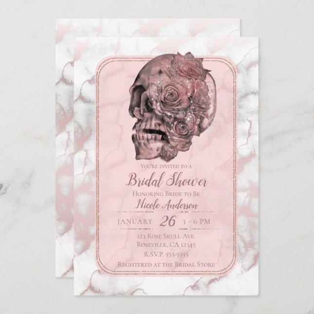 Convite Chá de panela de Mármore do crânio rosa-Dourado Gl (Frente/Verso)