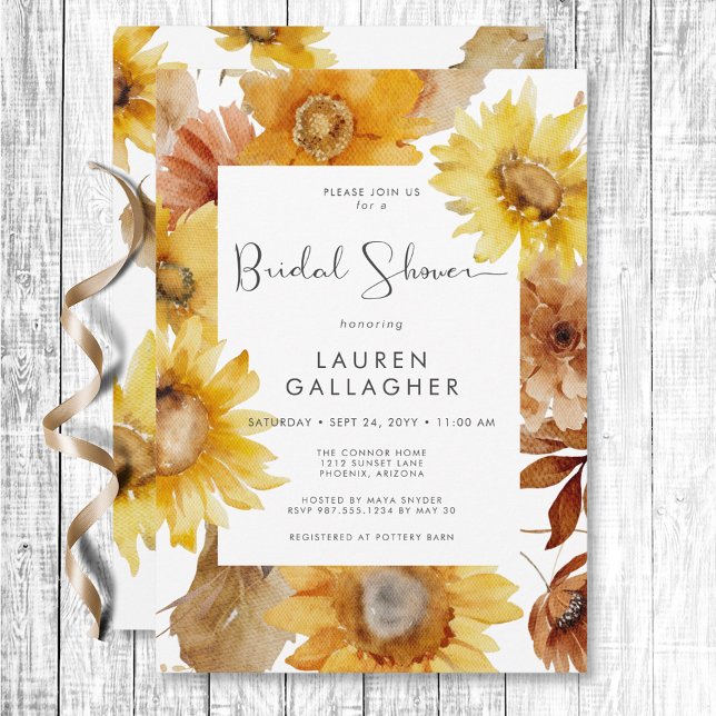 Convite Chá de panela de Mola Floral de Girassol de Queda  (Modern Fall Sunflower Floral Frame Bridal Shower Invitation)