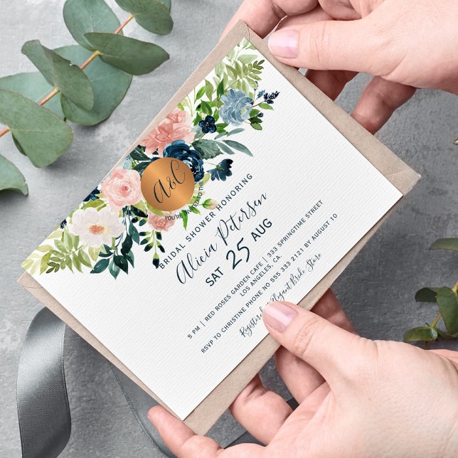 Convite chá de panela de monograma com marinho azul-água f (Criador carregado)