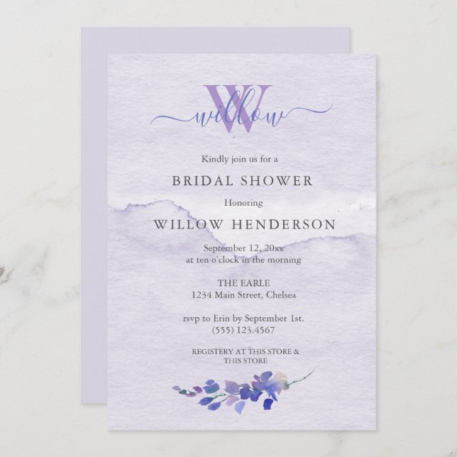 Convite Chá de panela de Monograma de Aquarela Puro (Frente/Verso)