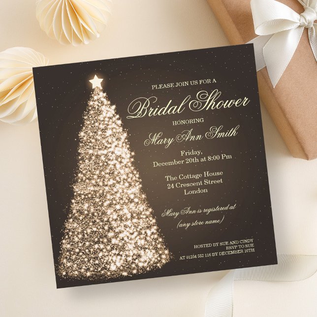Convite Chá de panela de Natal Elegante Dourado (Elegant Christmas Bridal Shower Gold Invitation)