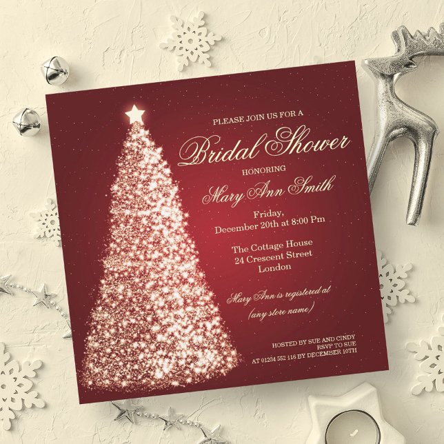 Convite Chá de panela de Natal Elegante Dourado Vermelho (Elegant Christmas Bridal Shower Gold Red Invitation)