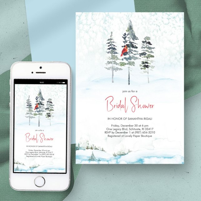 Convite Chá de panela de Natal Elegante Pinheiros (Bridal shower invitations watercolor winter pine trees and snow in blue)