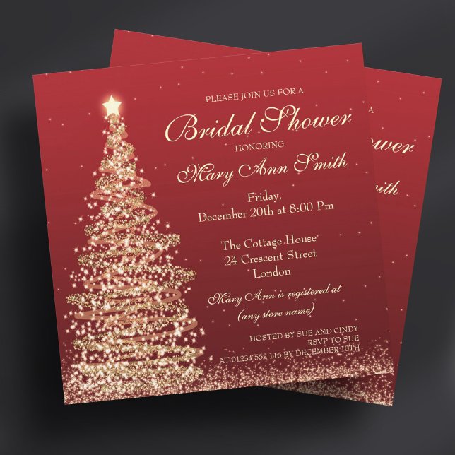 Convite Chá de panela de Natal Elegante Vermelho Dourado (Elegant Christmas Bridal Shower Red Gold Invitation)