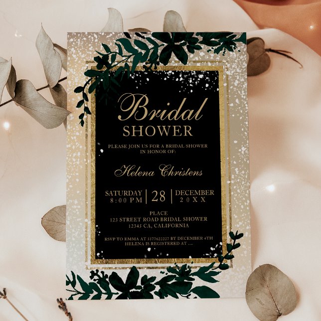 Convite Chá de panela de neve de folha de ouro para invern (Winter gold typography leaf snow bridal shower invitation)