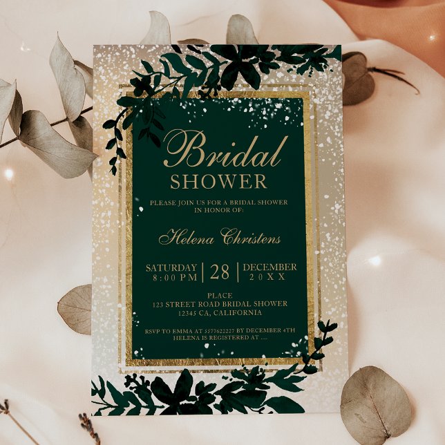 Convite Chá de panela de neve de folha de ouro para invern (Winter gold typography leaf snow bridal shower invitation on green)