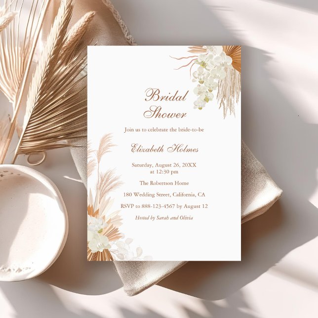 Convite Chá de panela de Orquídea de Grass Boho Terracotta (Boho Terracotta Pampas Grass Orchid Bridal Shower Invitation on boho table with dry palm leaf.)