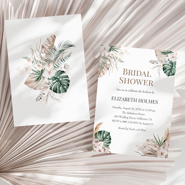 Convite Chá de panela de Orquídea Tropical Boho (Boho Tropical Orchid Bridal Shower Invitation on a sunny neutral dry palm leaf.)