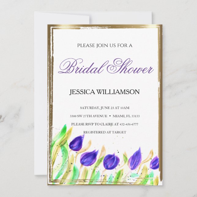 Convite Chá de panela de ouro de Flor Selvagem Elegante (Frente)