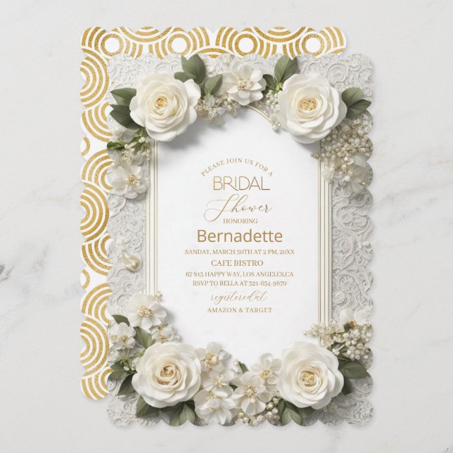 Convite Chá de panela de ouro de flores brancas 3D com aqu (Frente/Verso)