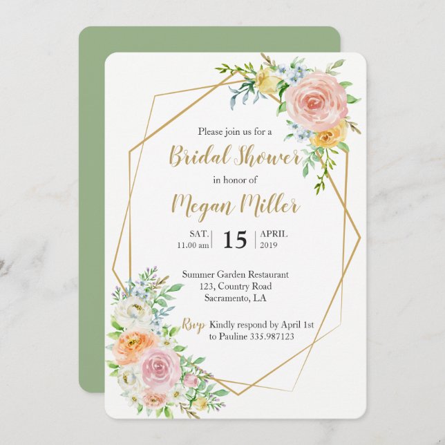 Convite Chá de panela de ouro floral (Frente/Verso)