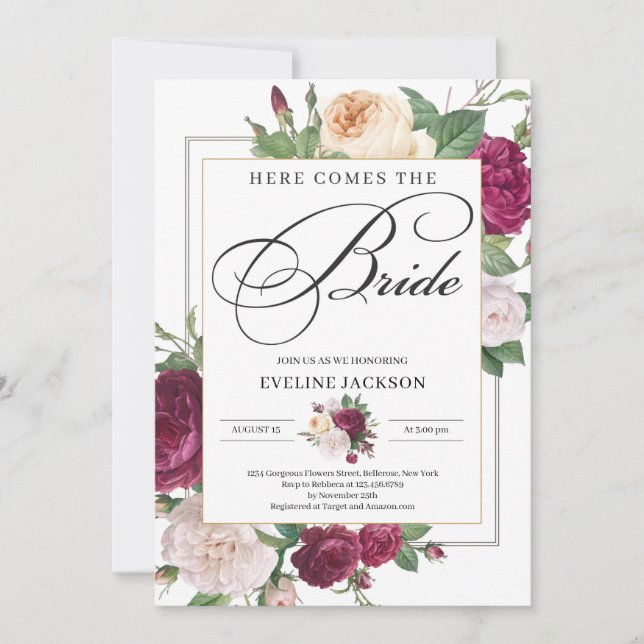 Convite Chá de panela de ouro floral de burgundy de marrom (Frente)