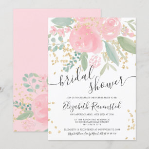 Convite chá de panela de ouro floral verde-rosa moderno d