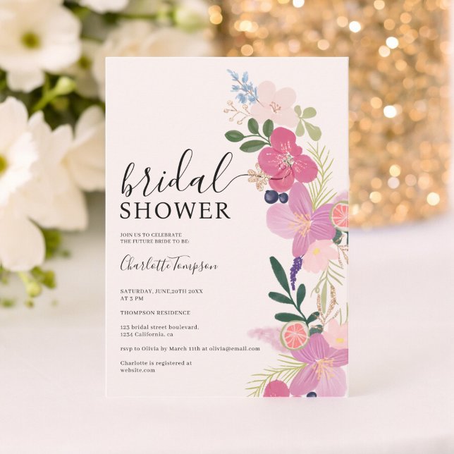 Convite Chá de panela de ouro rosa-rosa com flores silvest (Boho pastel wildflowers pink gold bridal shower invitation)
