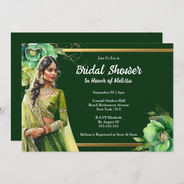 Convite Chá de panela de ouro verde-escuro da noiva indian (Frente/Verso)