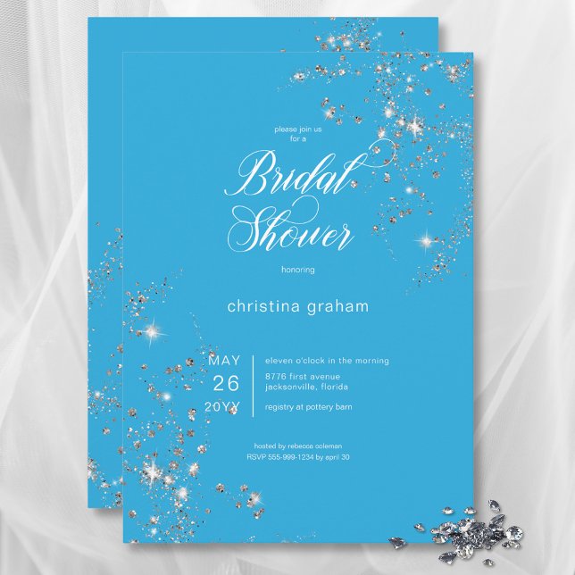 Convite Chá de panela de Ouros Azul e Branco Modernos (Modern Blue & White Glam Diamonds Bridal Shower Invitation)