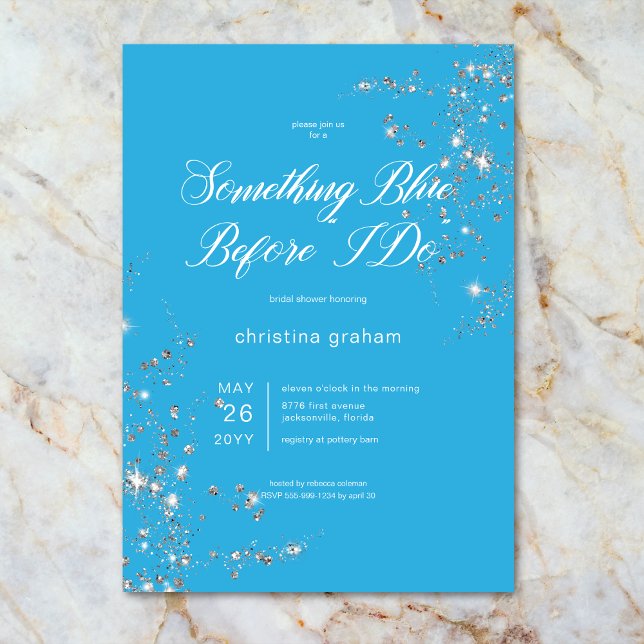 Convite Chá de panela de Ouros Azul e Branco Modernos (Modern Blue & White Glam Diamonds Bridal Shower Invitation)