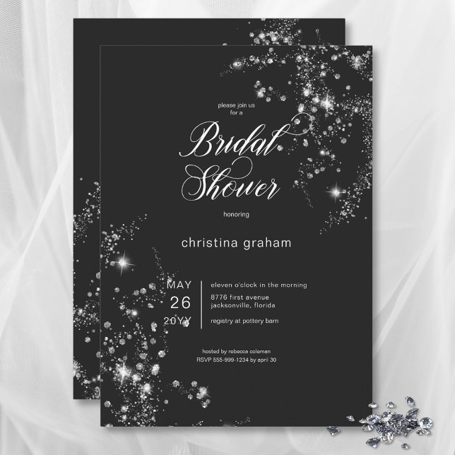 Convite Chá de panela de Ouros Pretos e Brancos Modernos (Modern Black & White Glam Diamonds Bridal Shower Invitation)