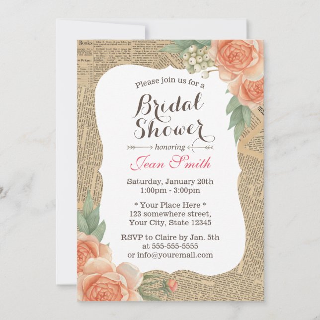 Convite Chá de panela de Página do Livro Elegante Floral d (Frente)