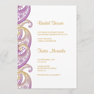 Convite Chá de panela de Paisley Dourado e roxo