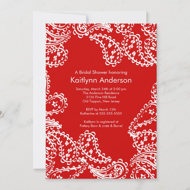 Convite Chá de panela de Paisley Vermelho Branco (Frente)