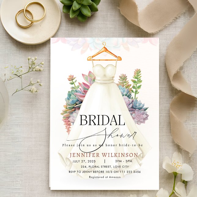 Convite Chá de panela de Palhaço de Casamento de Greeneres (Succulent Greenery Sage Wedding Gown Bridal Shower Invitation)