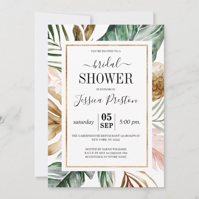 Convite Chá de panela de Palm Tropical de Watercolor (Frente)