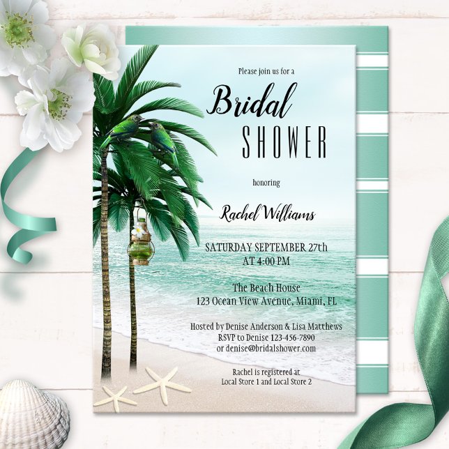 Convite Chá de panela de Palmeiras de praia tropical (Bridal shower invitation featuring a tropical beach with palm trees, parrots, a lantern and starfish)