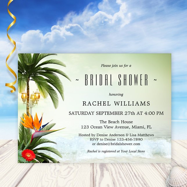 Convite Chá de panela de Palmeiras de praia tropical (Bridal shower invitation featuring a tropical beach scene with palm trees and lanterns at the ocean)